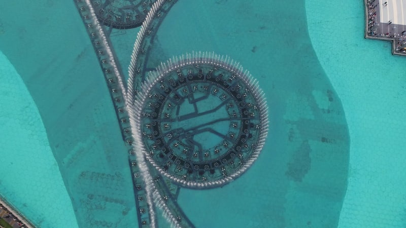 Aerial view above of the Dubai fountain.