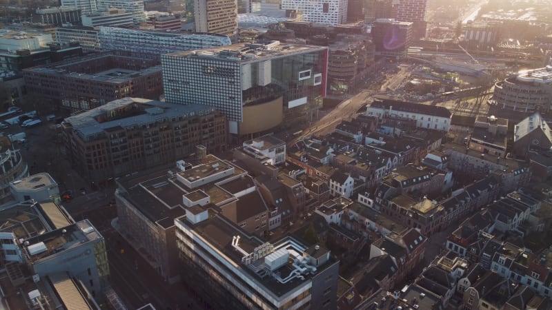 Beautiful aerial drone orbit shot of a sunny day at the city center of Utrecht, Netherlands