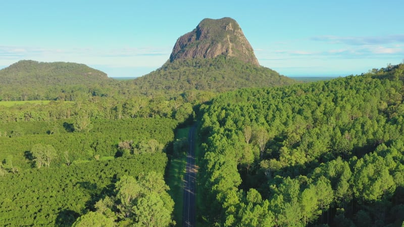 Aerial view of Mt Tunbubudla, Glass House Mountains, Queensland, Australia.