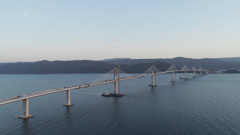 Aerial view of Peljeski bridge, Ston in Croatia.