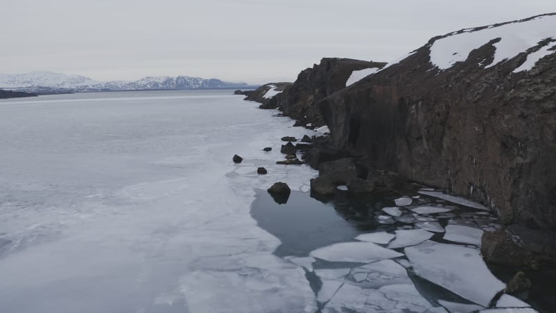 Aerial view of a frozen lake in winter, Southern Peninsula, Iceland.