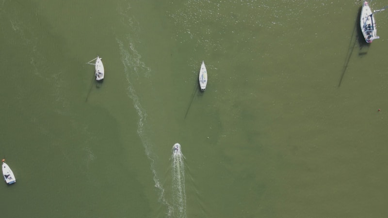 Aerial view of sailing boats in Seixal bay, Setubal, Portugal.