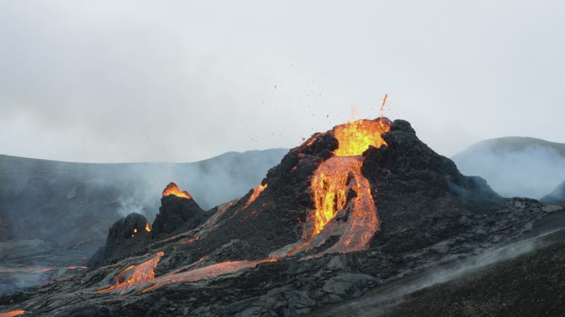 Close up view of intense volcanic eruption in Iceland