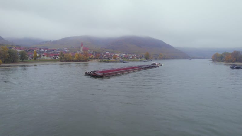 Cargo Pusher Boat on a Foggy Morning on the River Danube