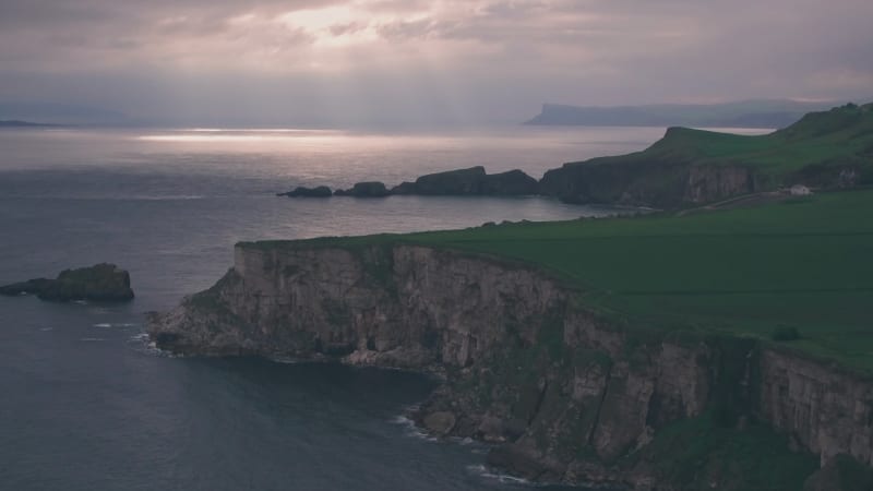 Stunning sandy beach, Antrim Coast of Northern Ireland. Aerial drone view