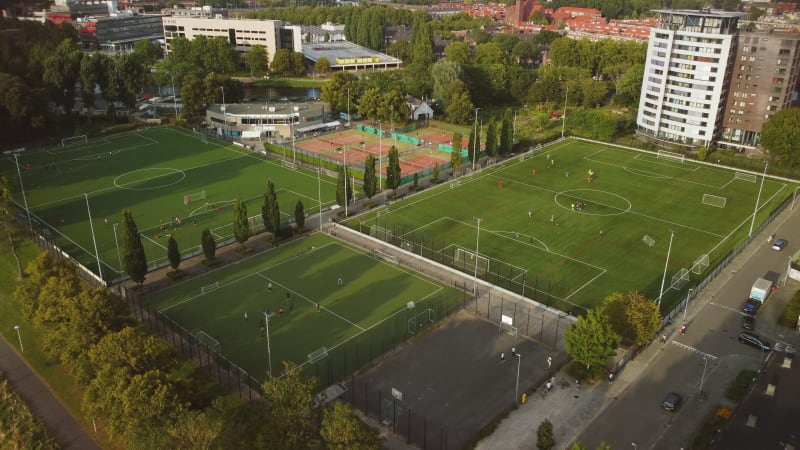 Players on the fields of the PVC Voetbal (Football) club in Utrecht, the Netherlands.