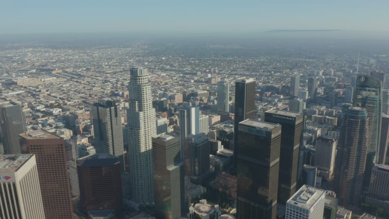 Wide view of Downtown Los Angeles, California Skyline at beautiful blue sky and sunny day