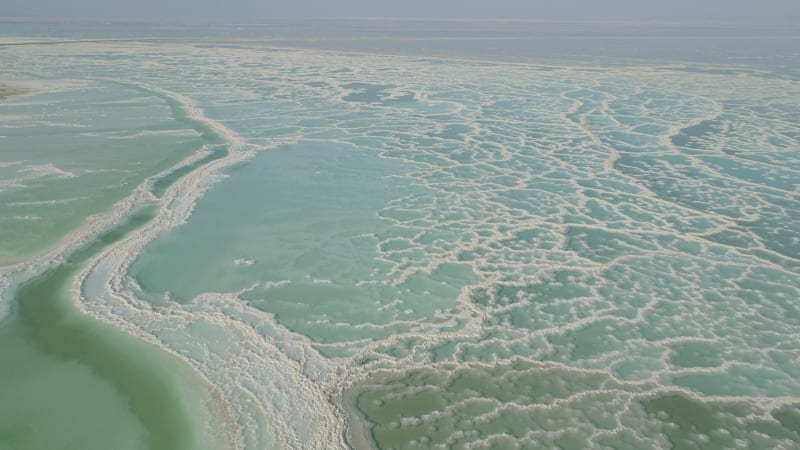 Aerial view of Dead Sea shoreline in Negev, Israel.