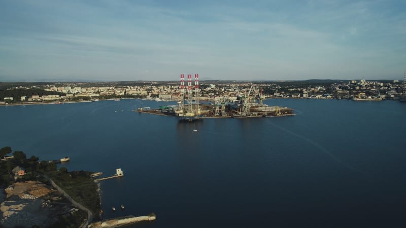 Aerial view of Pula harbour and a shipyard, Pula, Istria, Croatia.