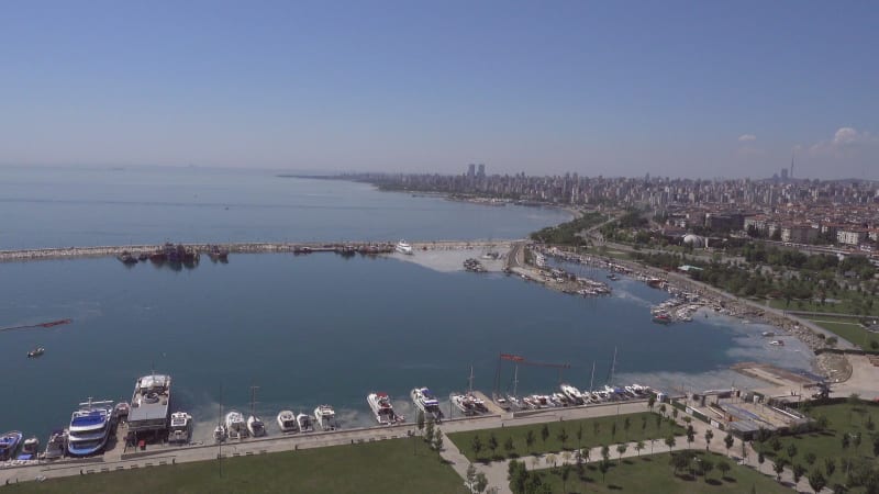 Aerial view of mucilage along the coast near the harbour at the Marmara Sea coast of Istanbul, Turkey.