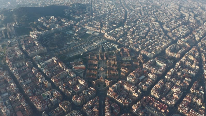 Typical City Blocks and Hospital de Sant Pau from above in Beautiful Sunlight