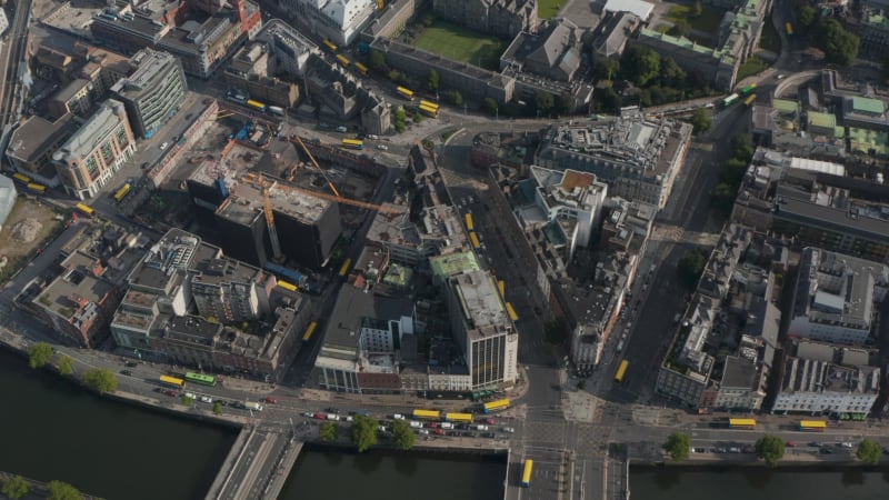 Aerial birds eye overhead top down view of bus drivers blockade. Escalating traffic situation. Dublin, Ireland