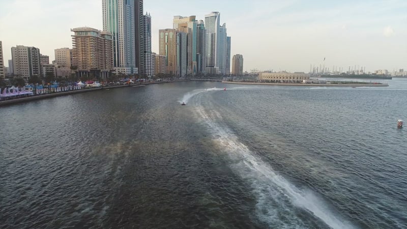 Aerial view of speed boats during the race in Khalid lake.