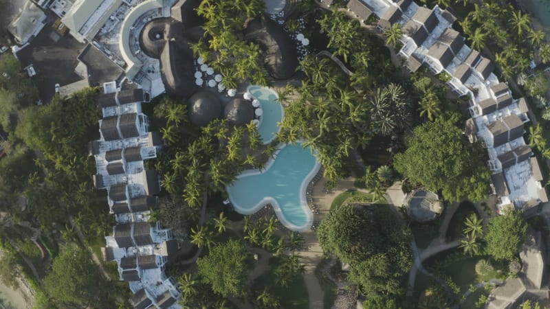 Aerial view of a small garden with swimming pool, Mauritius.