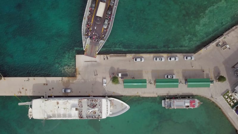 Aerial view of ferry docking on pier at Nisi.