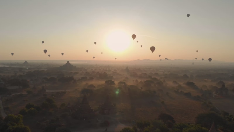 Aerial view of hot balloons in the Old Bagan temple site.