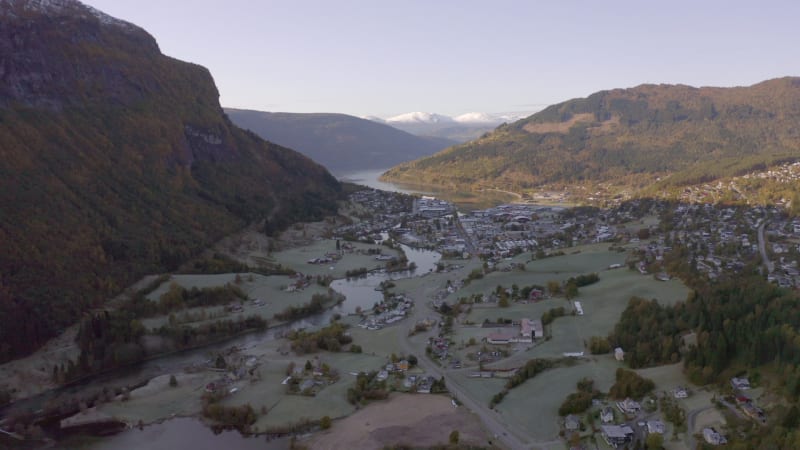 Stryn Town and Valley With Beautiful Winding River in the Early Morning