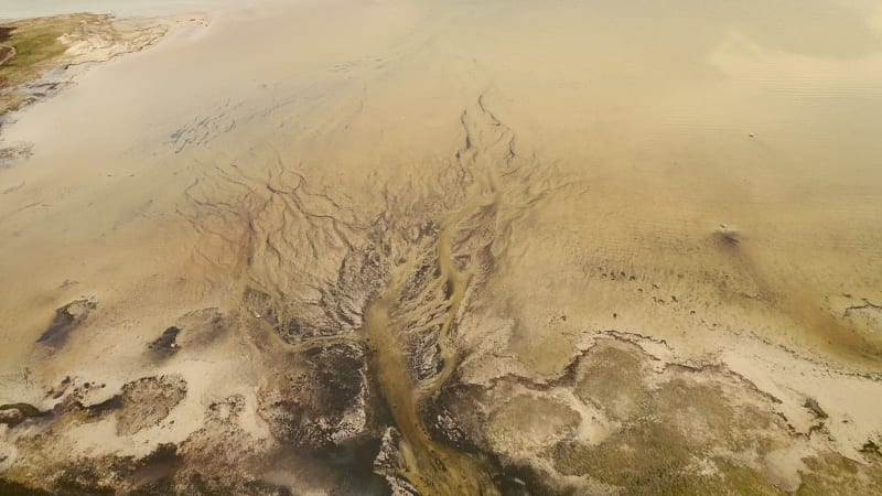 Abstract aerial view of algae bloom in sea on the island of Vormsi.