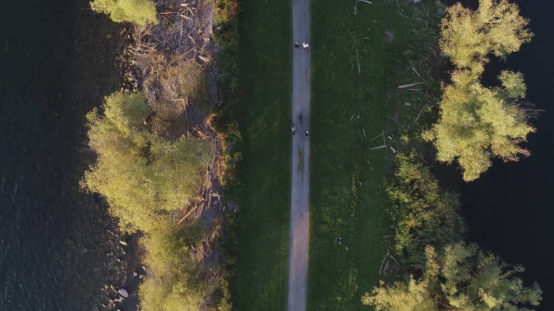 Aerial view of three person cycling a bike along Constance lake, Switzerland.