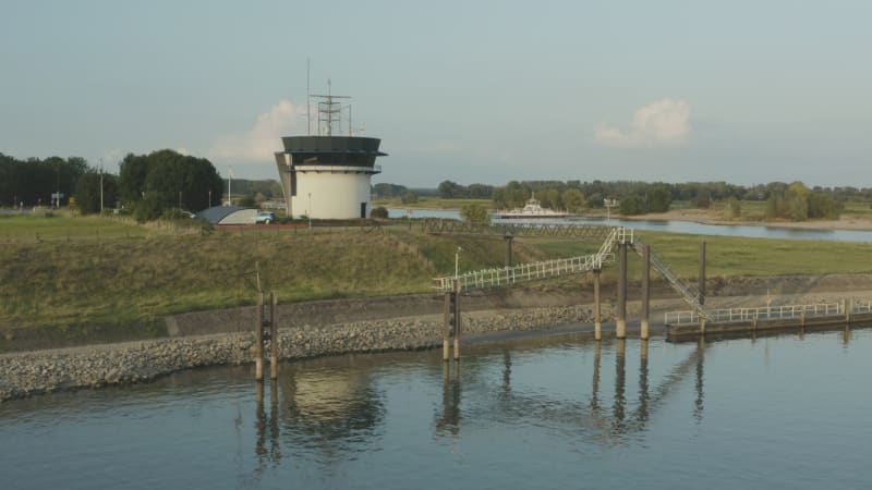 Rijkswaterstaat Traffic Post Aerial View on River Lek, Wijk bij Duurstede, Netherlands