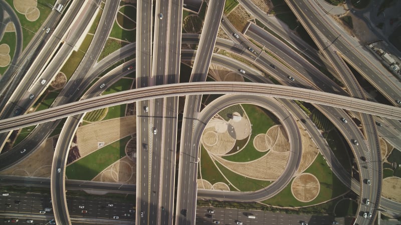 Aerial view of Dubai complex intersection road, United Arab Emirates.