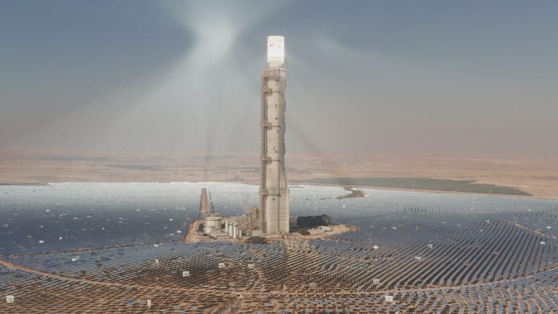 Aerial view of a Solar power tower and mirrors.