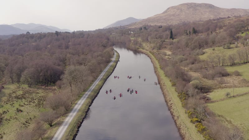 A Group of Canoeists on a Canal in Scotland From the Air