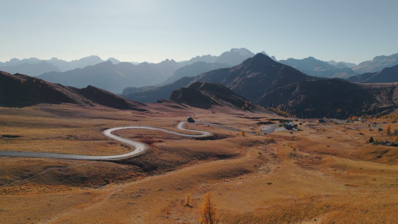 Aerial View of Italian mountain pass, Passo Giau, Cortina, Dolomites, Italy.