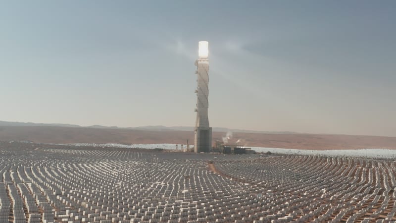 Aerial view of a Solar power tower and mirrors.