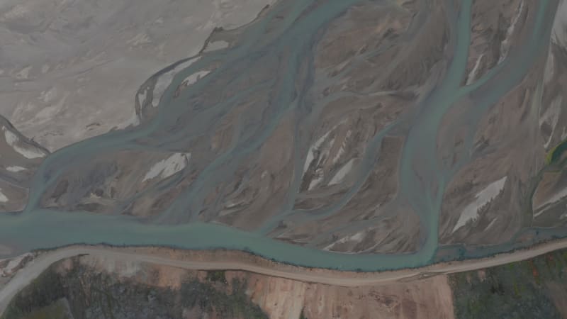 Overhead view of Krossa river flowing in Thorsmork mountain landscape. This valley is named after the Norse God of Thunder Thor. Amazing in Nature. Porsmork Valley