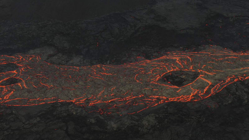 Aerial view of Fagradallsfjall volcano during an eruption, Iceland.