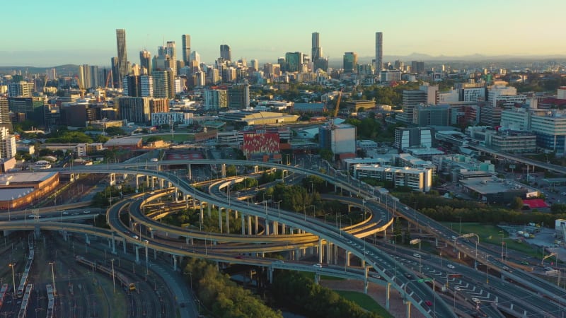 Aerial view of a highway interchange, Brisbane City, Queensland, Australia.