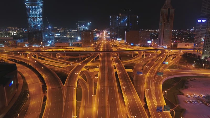 Aerial view of empty streets at night in Dubai