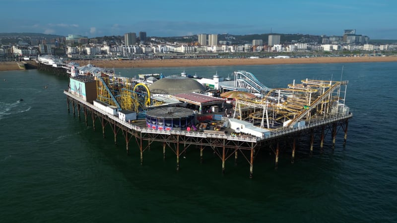 Aerial view of Brighton Palace Pier in Brighton, England, United Kingdom.