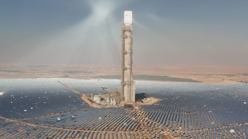 Aerial view of a Solar power tower and mirrors.