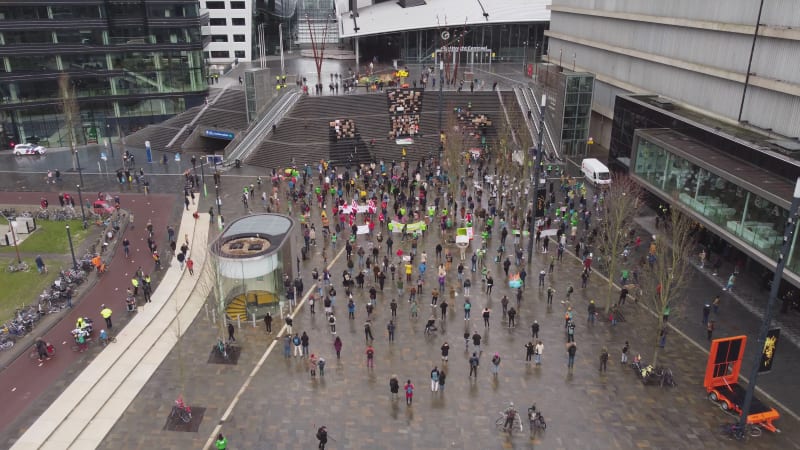 Drone aloft view of protestants in a climate strike in Utrecht, a city in Netherelands