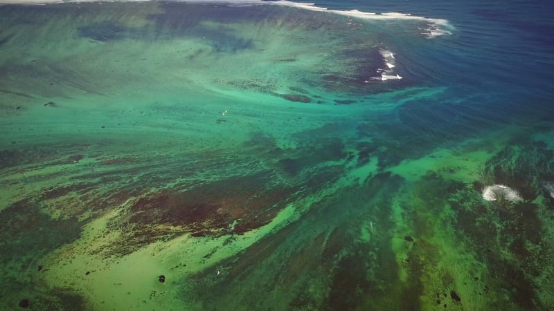 Aerial view of coral reefs off Lemorne Brabant in Mauritius.