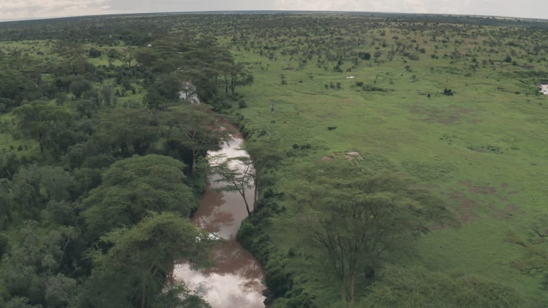 Aerial view of river flowing through traditional wild landscape in Africa