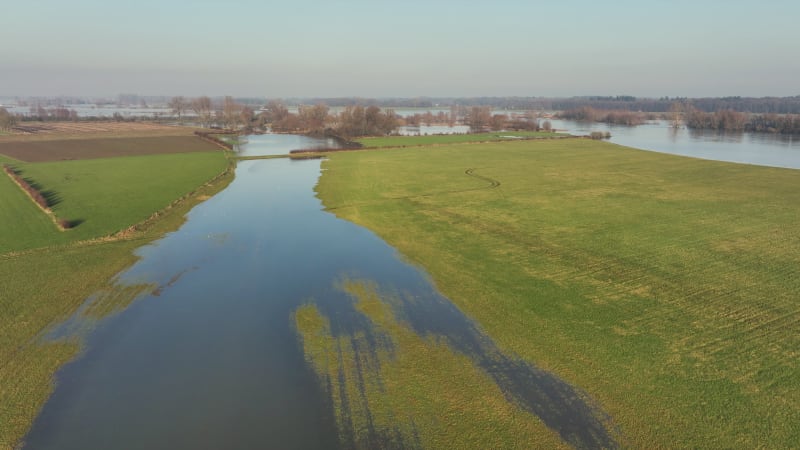 Aerial view of river IJssel with flooded floodplains, Netherlands