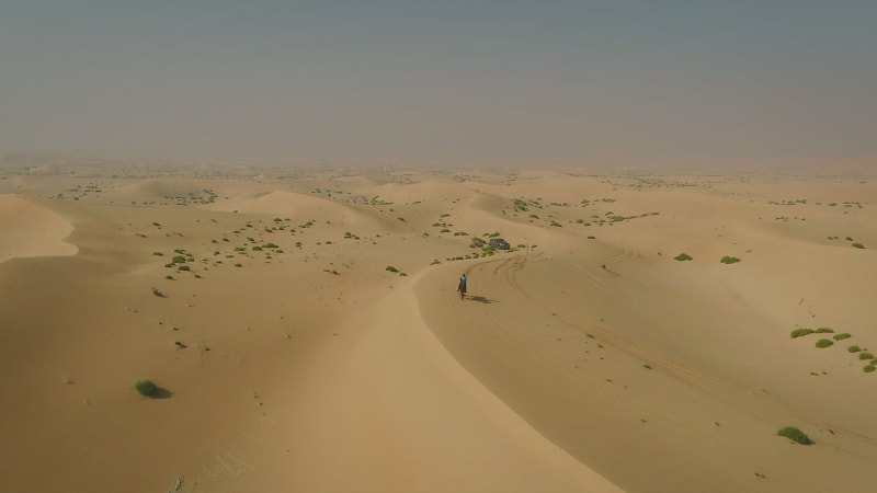 Aerial view of one person riding horse in the desert of Al Khatim.