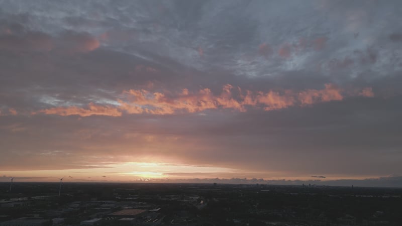 Aerial view of golden skys during Golden Hour. In Houten, the Netherlands