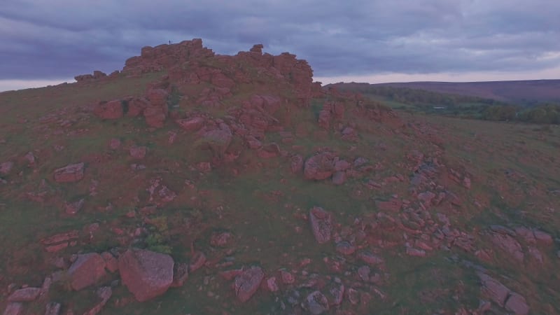 Famous english landscape in Dartmoor National Park at sunrise, Devon, England, UK. Aerial drone view