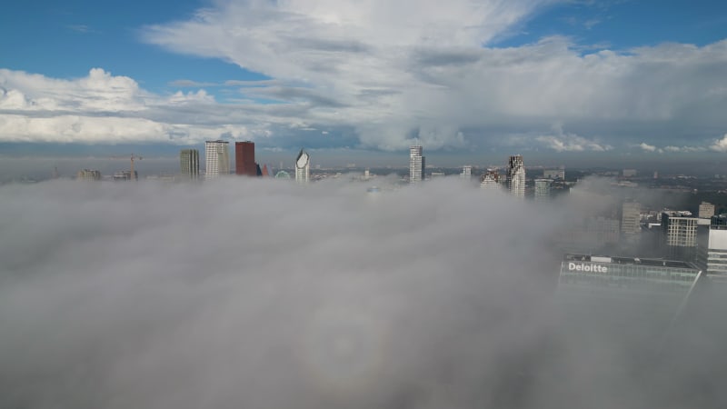 The skyline of Den Haag in the fog