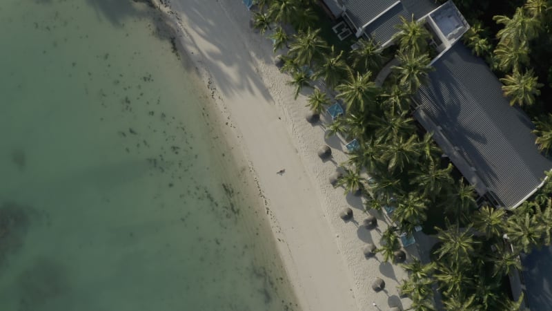 Aerial view of a blonde woman relaxing on the beach, Mauritius.