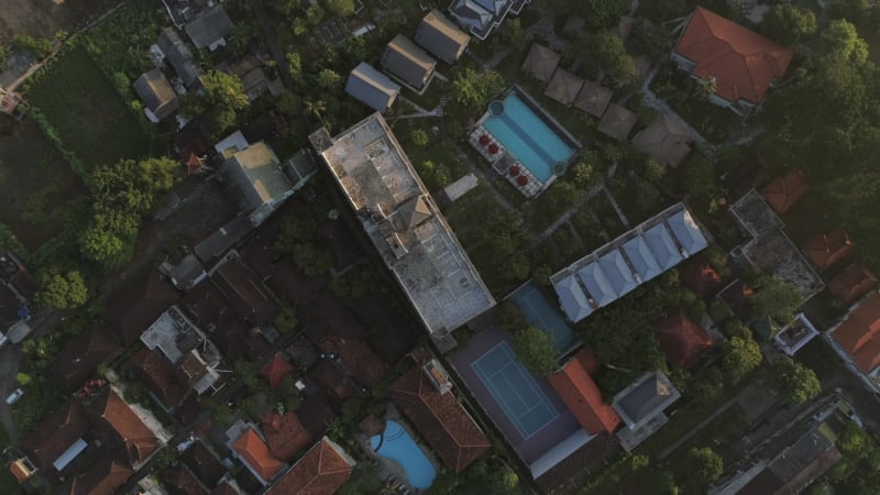Aerial view of residential neighborhood near the coast, Bali island.