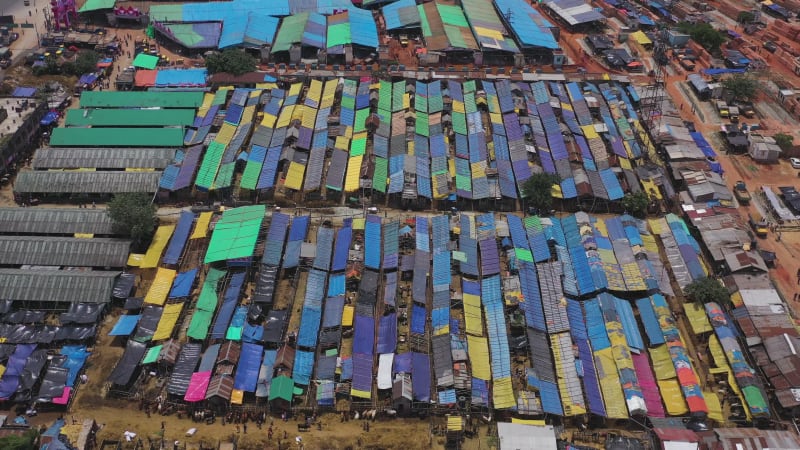 Aerial view of barracks in a small slum in Dhaka district, Bangladesh.