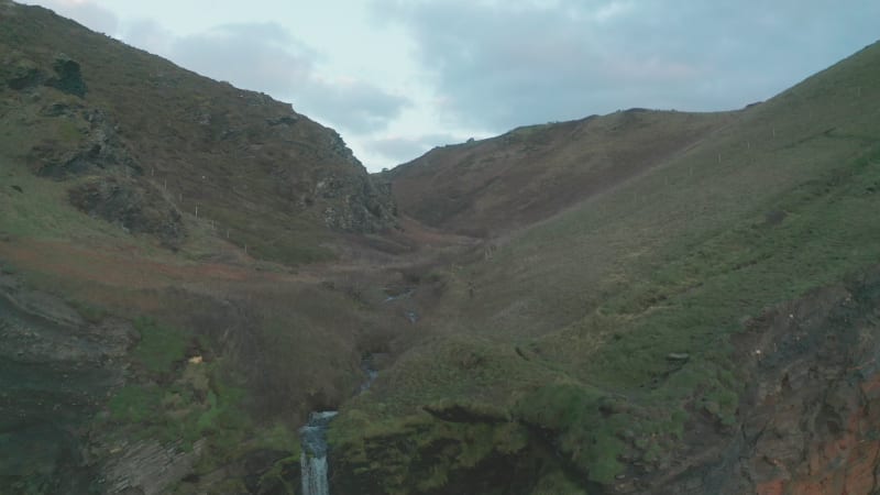 Aerial view of Pentargon Waterfall in Cornwall, England.