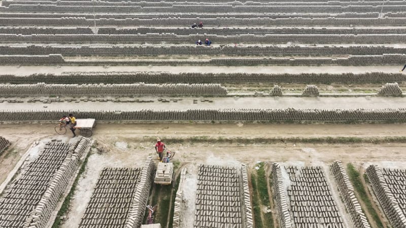 Aerial View of a brick factory near Keraniganj, Bangladesh.