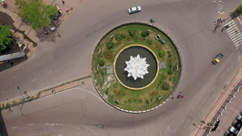 Aerial view of a roundabout with empty roads in Dhaka, Bangladesh.