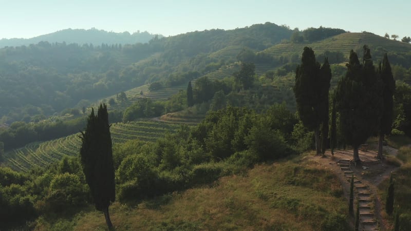 Aerial view of an idyllic stepped hill in the Po Valley, Italy.